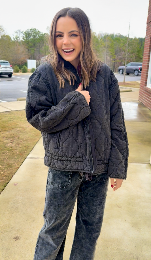 Black Quilted Bomber Jacket