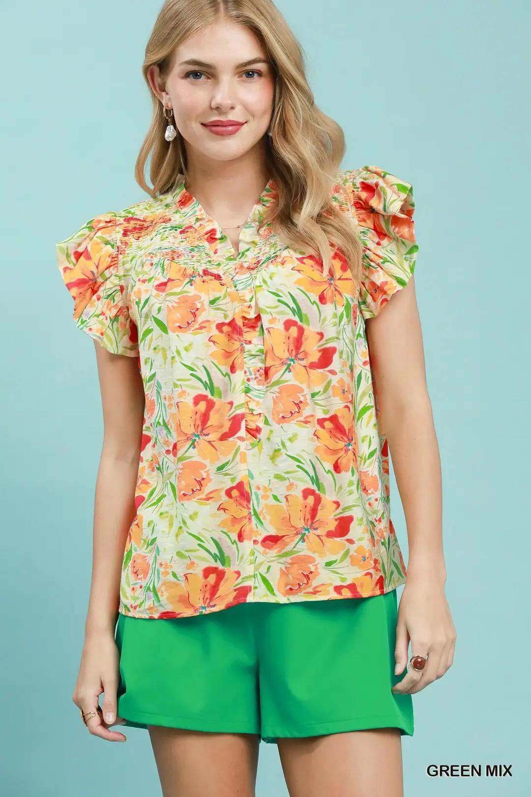 Green Mix Smocked Yoke Floral Blouse