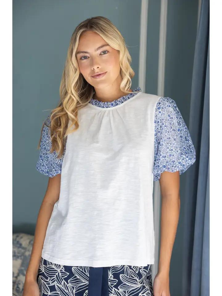 White and Light Blue Floral Slub Knit Top