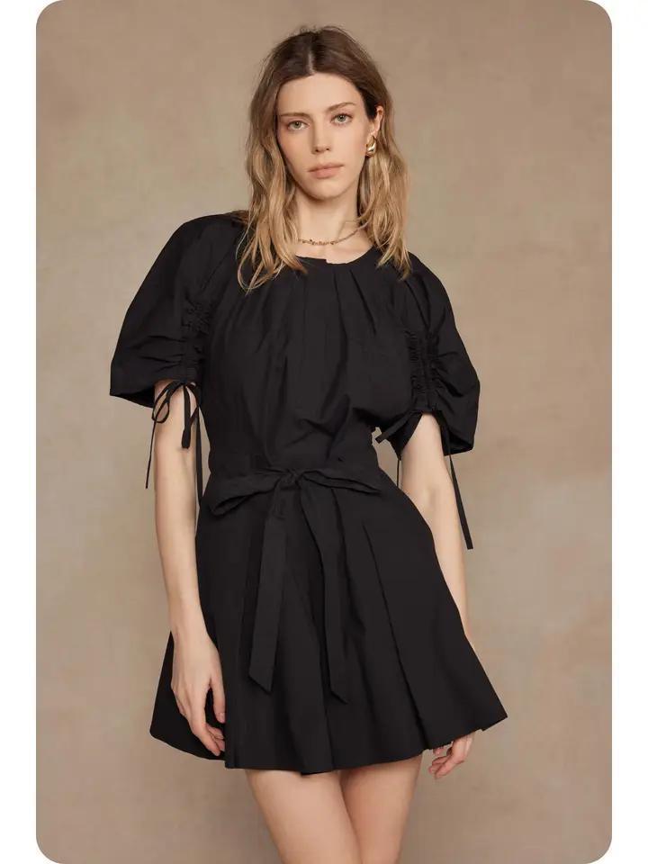 Black Ruched Babydoll Tie Waist Mini