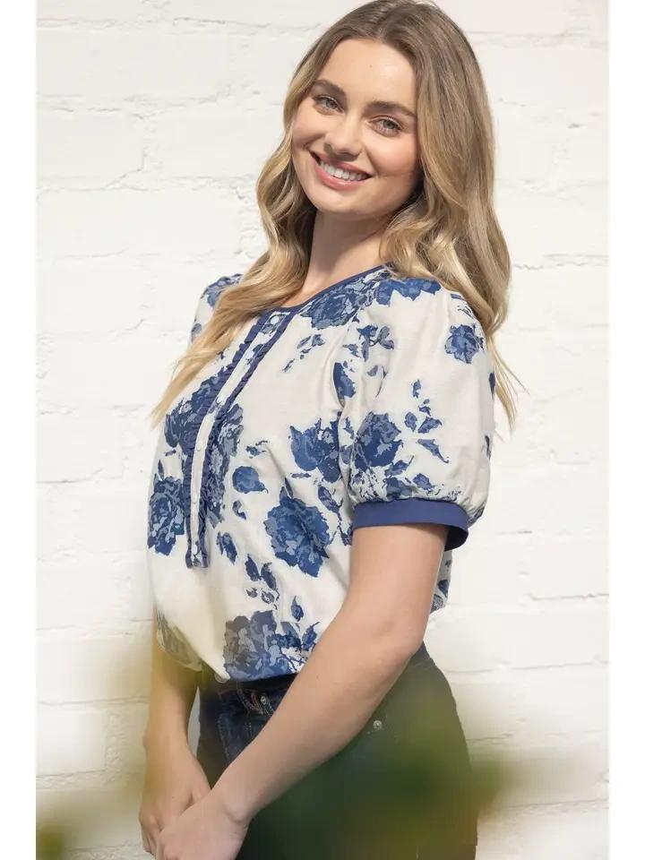 Blue Floral Jacquard Top