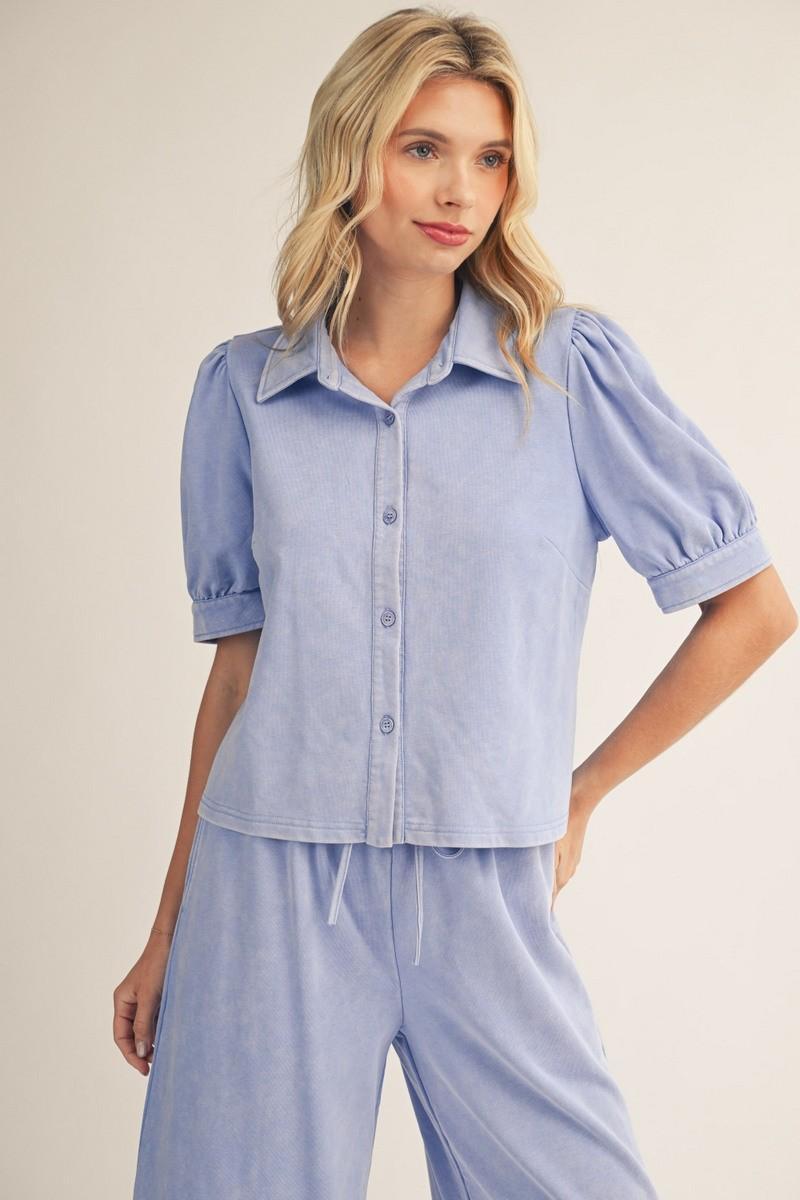 Blue Mineral Washed Button Top