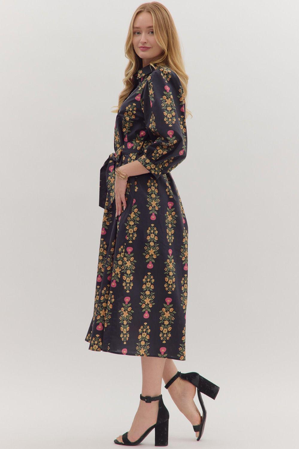 Black Botanical Print Midi Dress