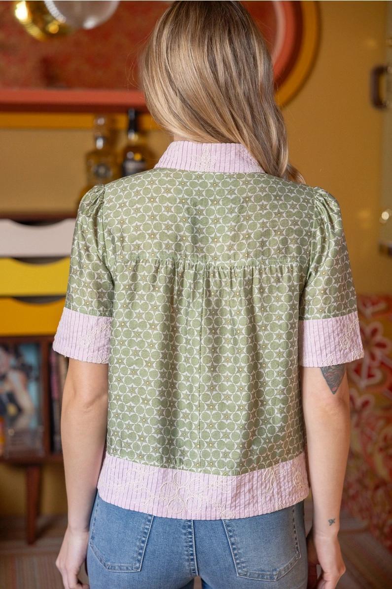 Olive and Pink Mixed Floral Embroidered Top