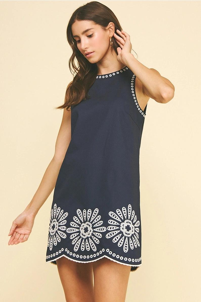 Navy Floral Embroidered Mini Dress