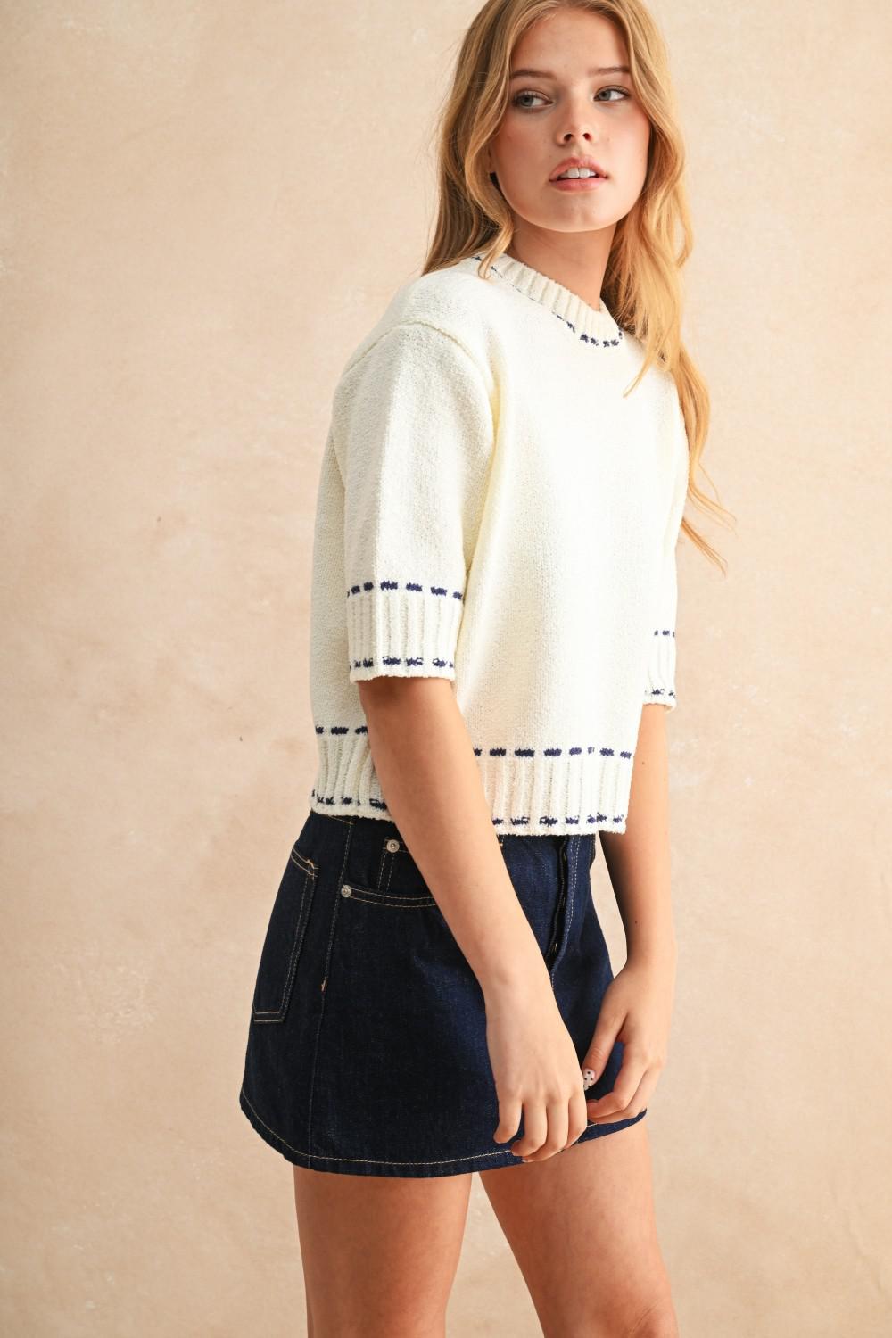 White with Navy Stitching Detail Sweater Top