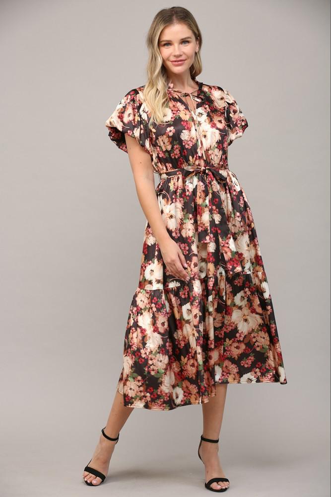 Black Floral Print Satin Dress