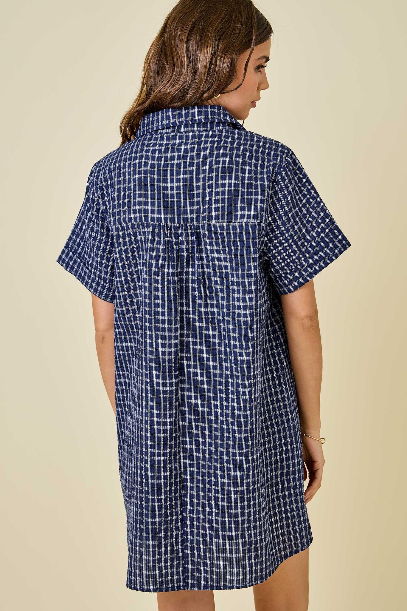 Navy Checkered Easy Shirt Dress