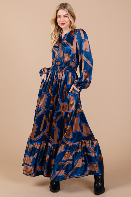Navy and Brown Geometric Print Maxi