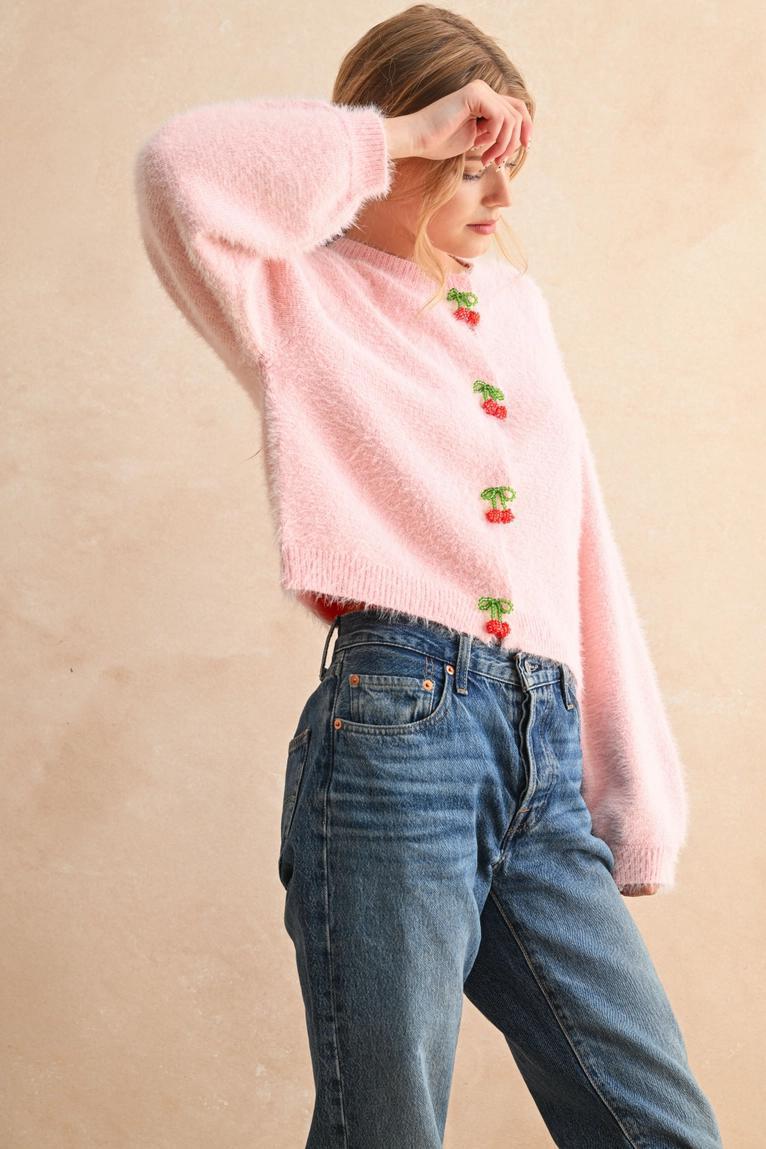 Pink Cherry Button Soft Cardigan