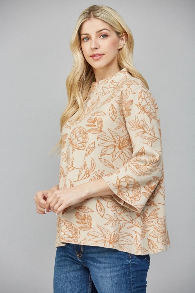 Taupe Floral Jacquard Knit Sweater