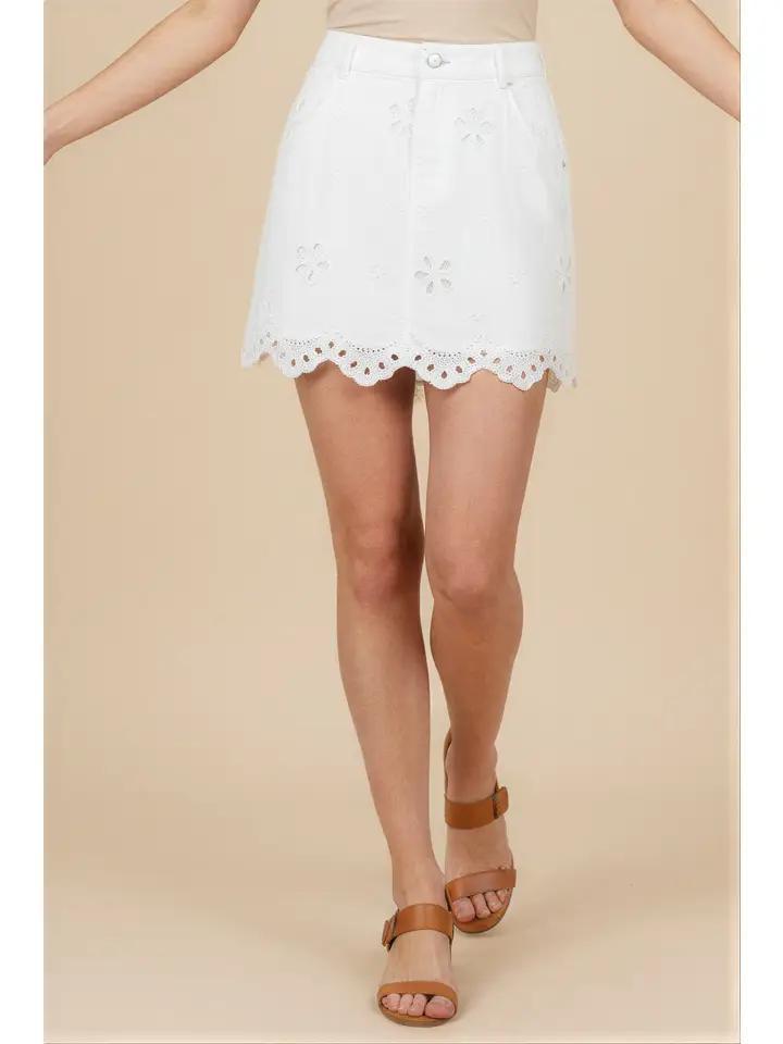 White Scalloped Eyelet Twill Skort