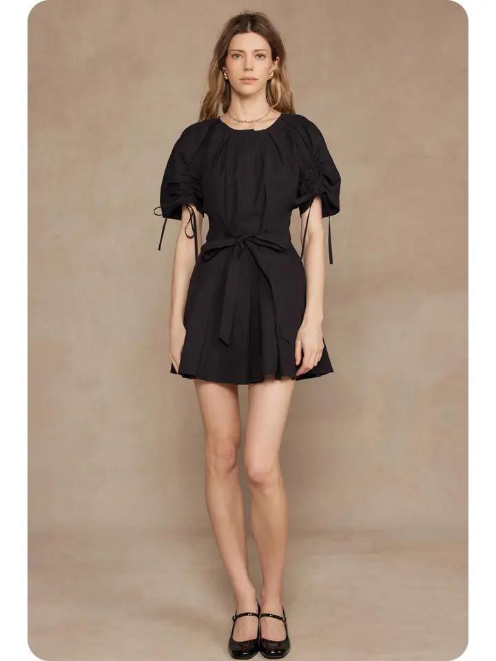 Black Ruched Babydoll Tie Waist Mini