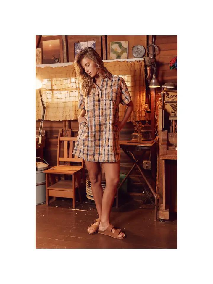 Deep Orange Plaid Shirt Dress