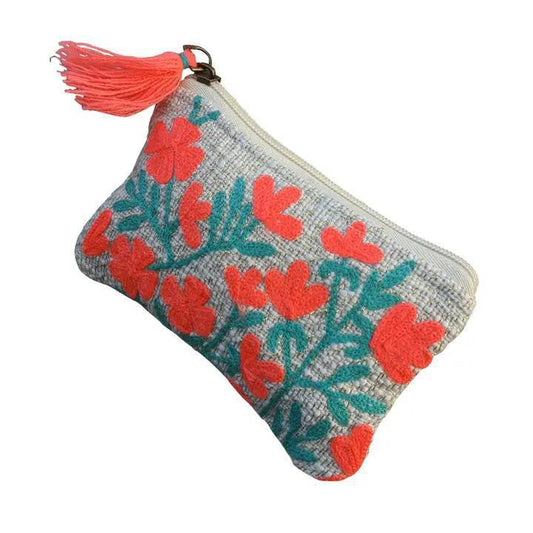 Orangish Pink Floral Cotton Pouch Coin