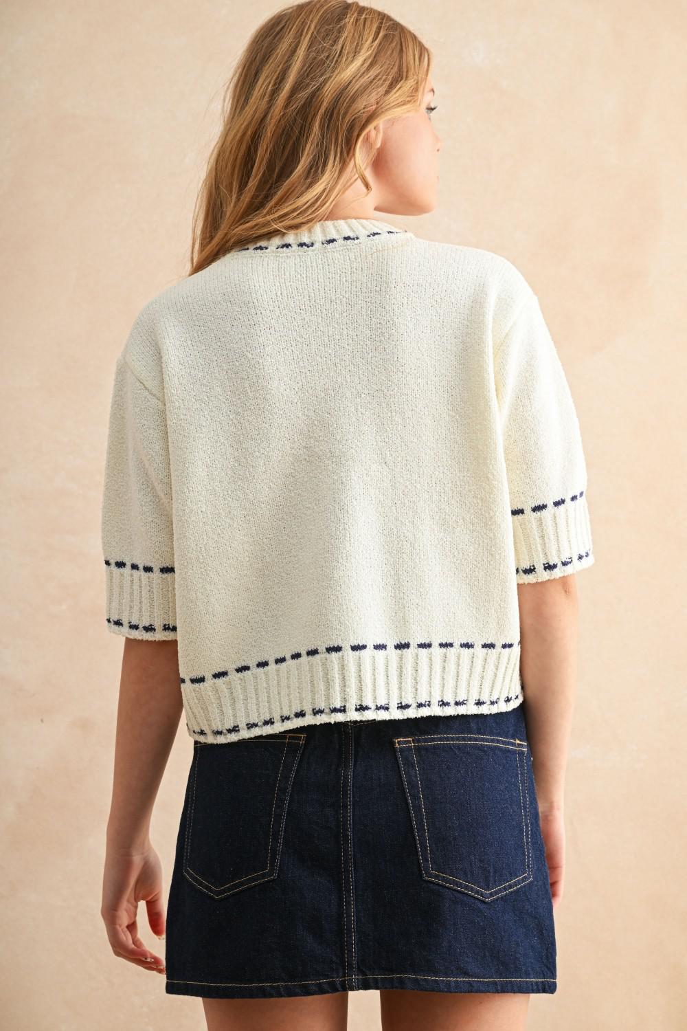 White with Navy Stitching Detail Sweater Top