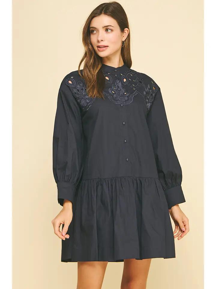 Navy Embroidered Mini Dress