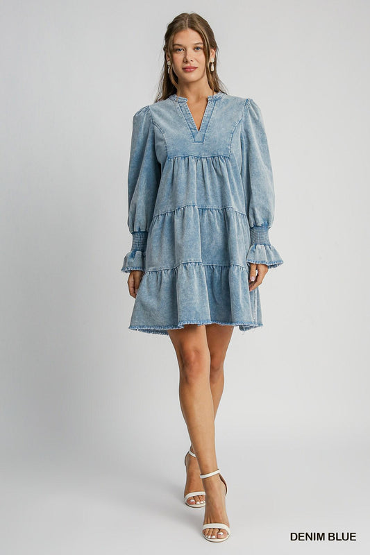 Denim Blue Stone Wash Corduroy Tiered Dress
