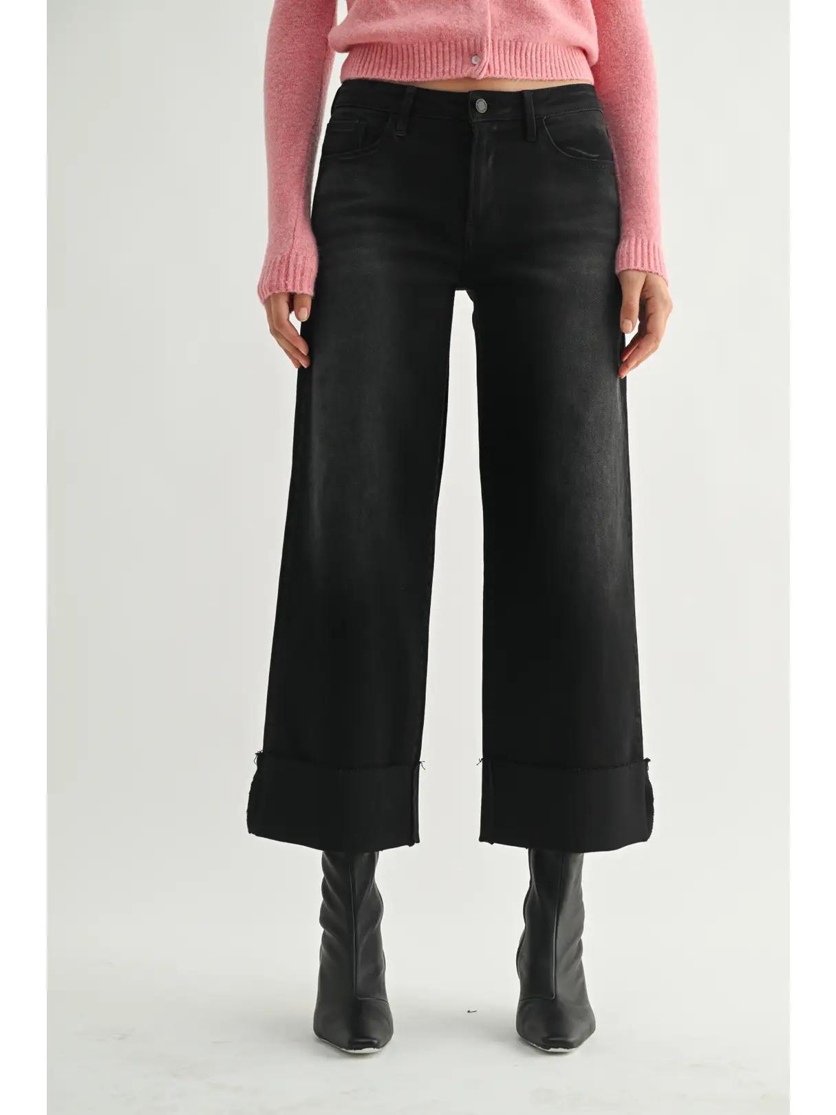 Washed Black Scissor Cut Cuffed Slim Wide