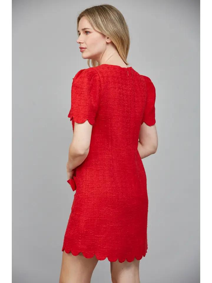 Red Scallop Edged Tweed Dress
