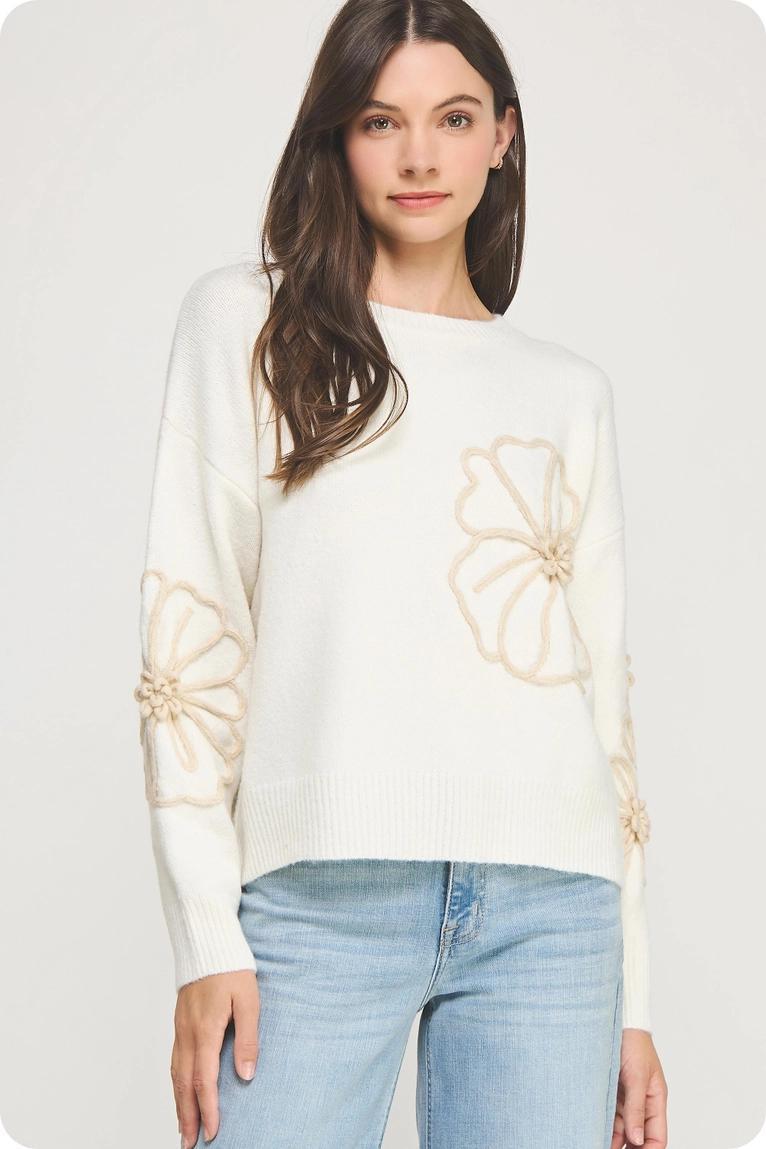 Ivory and Tan Floral Embroidered Top