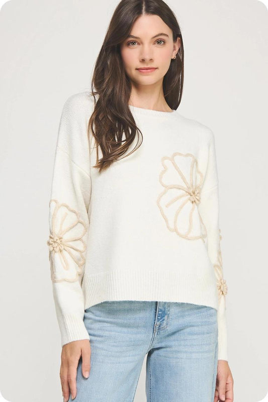 Ivory and Tan Floral Embroidered Top