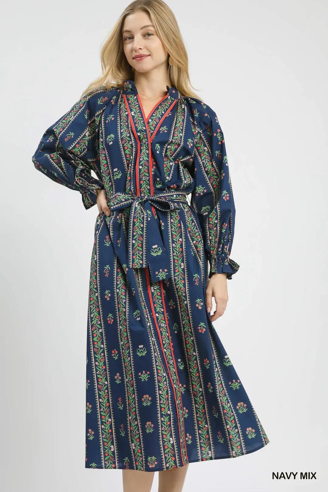 Navy Mini Flower Stripe Print Maxi