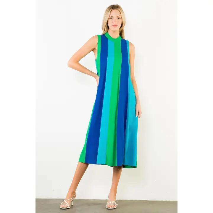 Green and Blue Colorblock Midi Dress