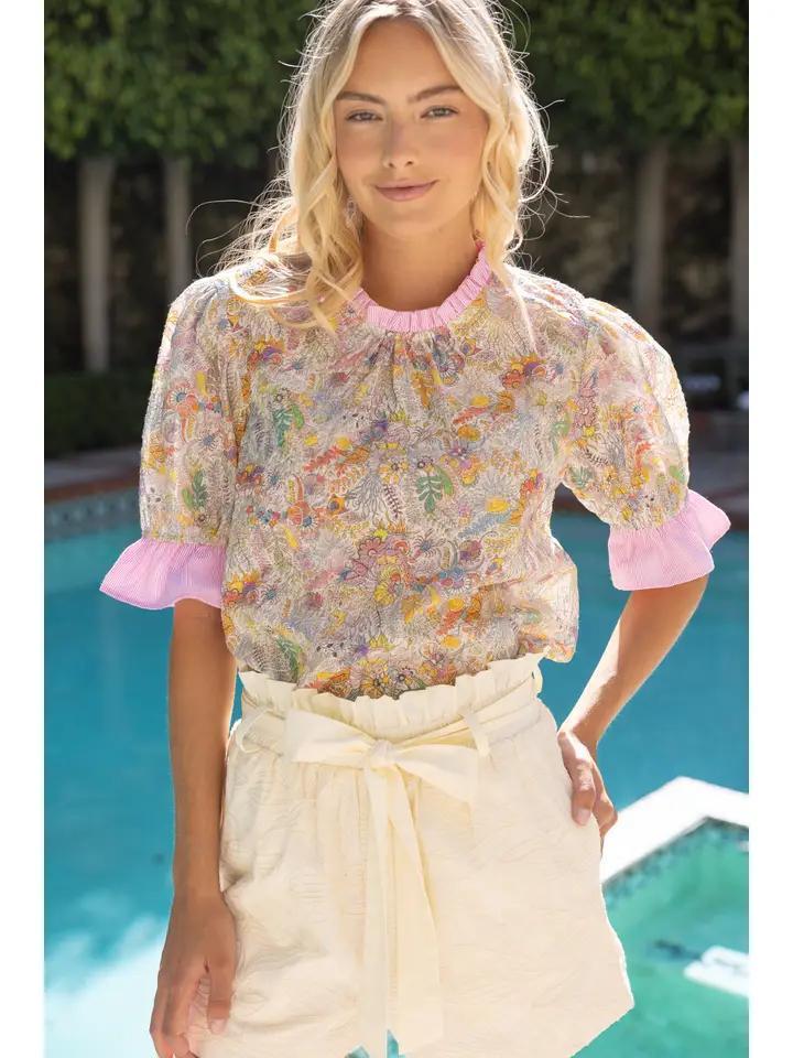 Light Floral with Pink Stripe Trim Top