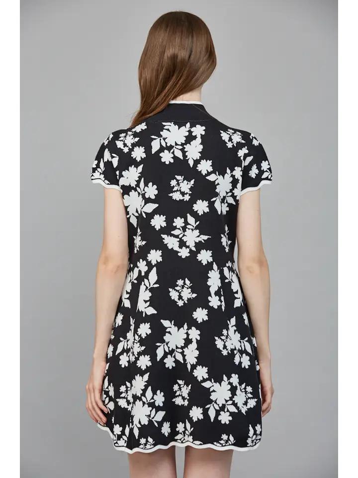 Black and White Floral Jacquard Knit Dress