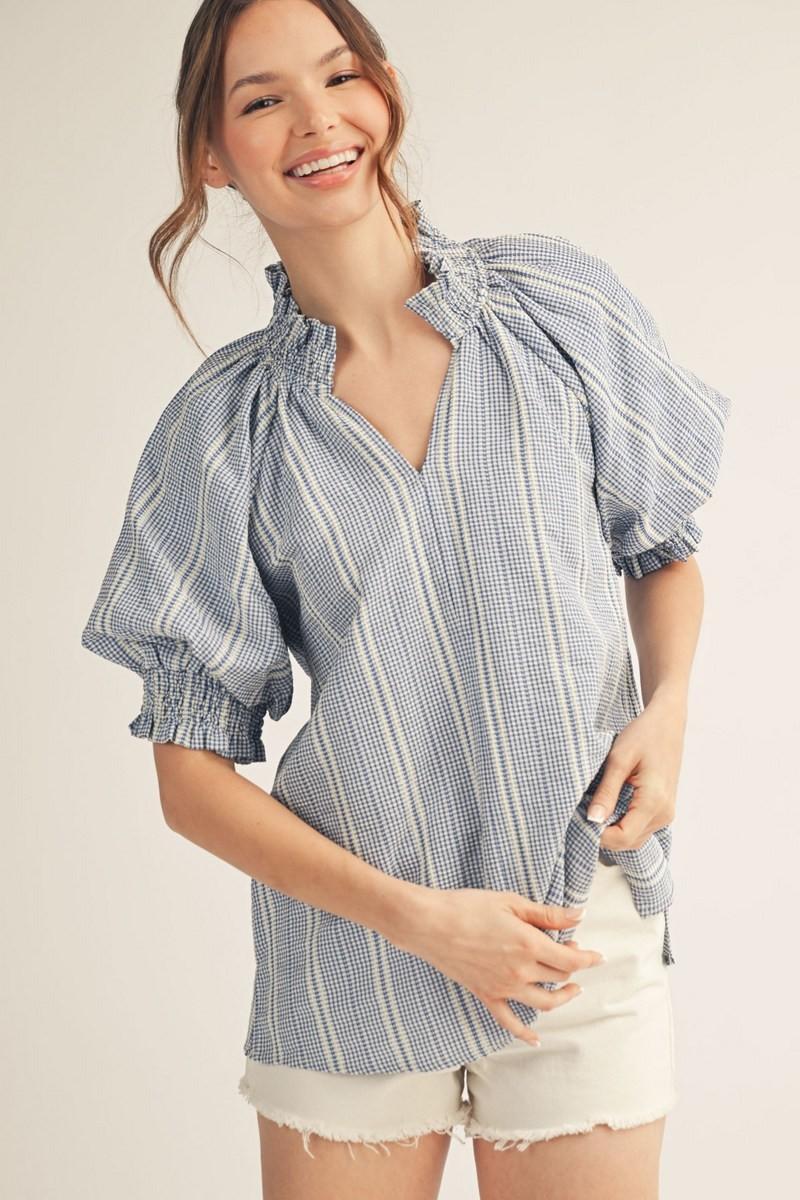 Blue and Cream Stripe Detail Top