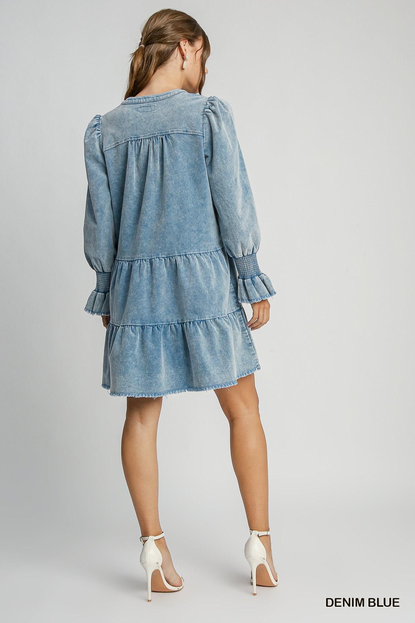Denim Blue Stone Wash Corduroy Tiered Dress