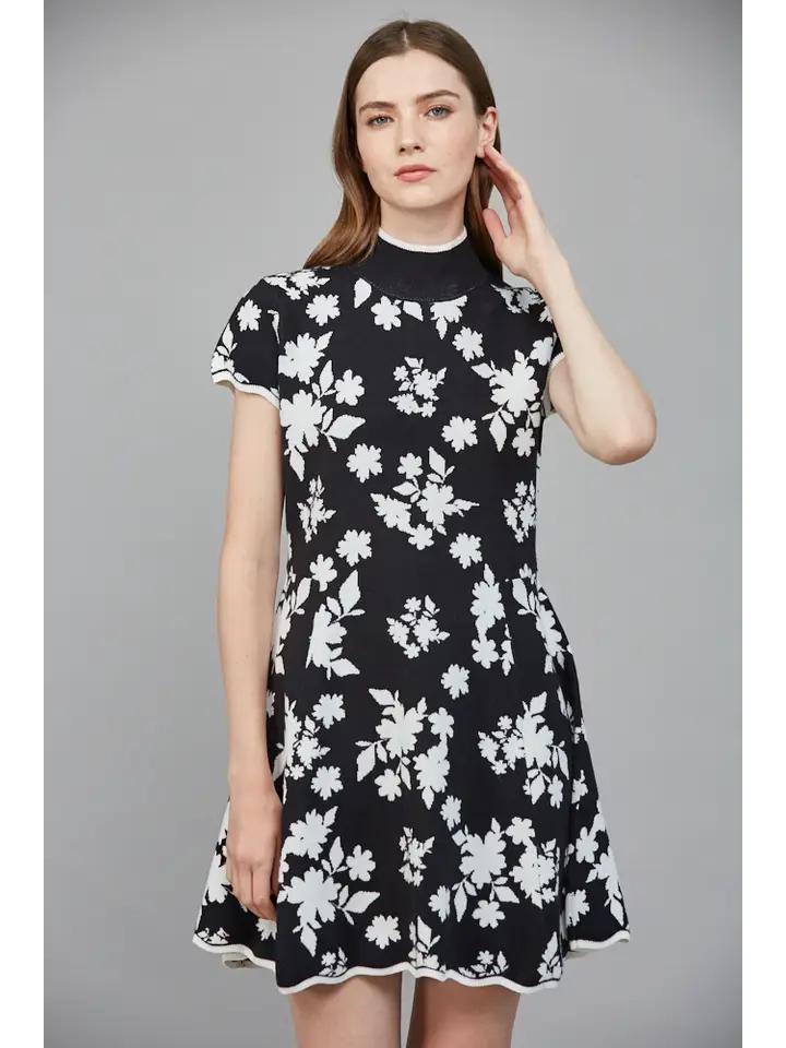 Black and White Floral Jacquard Knit Dress