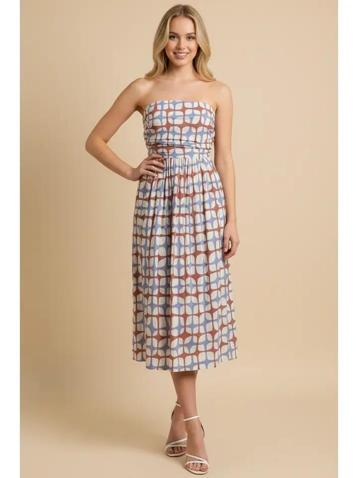Blue and Red Geometric Print Midi