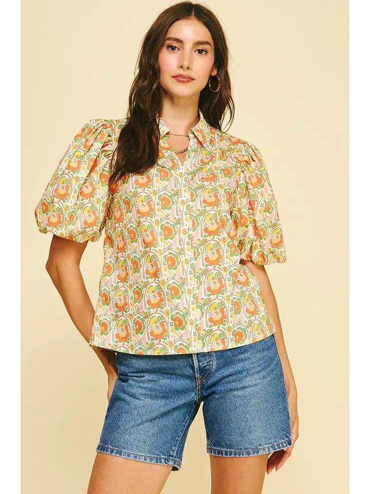 Orange Multi Floral Puffed Sleeve Blouse