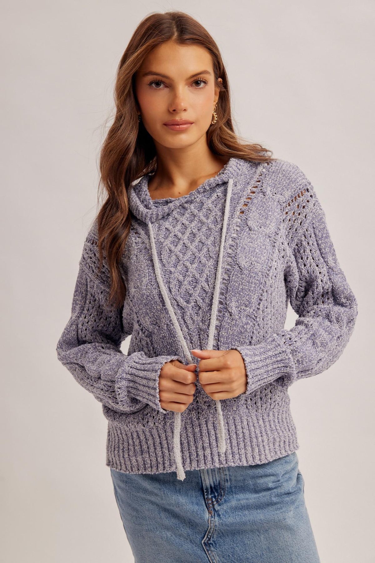 Blue Pointelle Stitched Sweater Hoodie