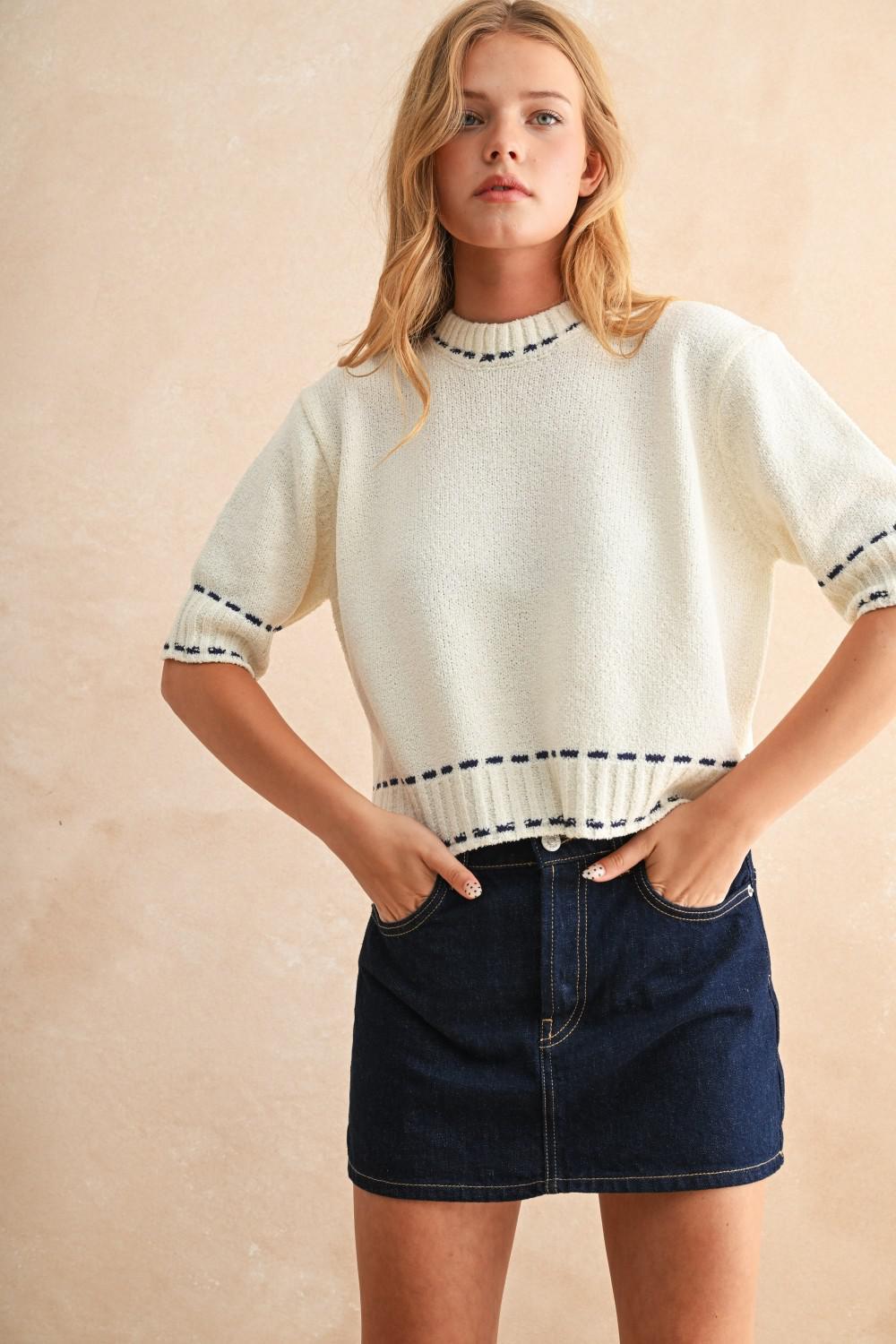 White with Navy Stitching Detail Sweater Top