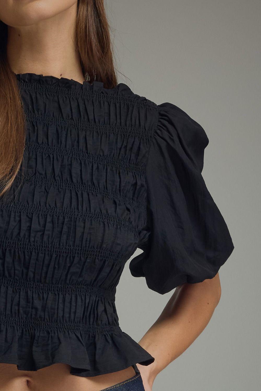 Black Smocked Bodice Top