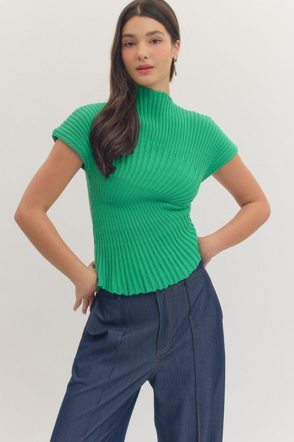 Green Asymmetric Hem Knit Top