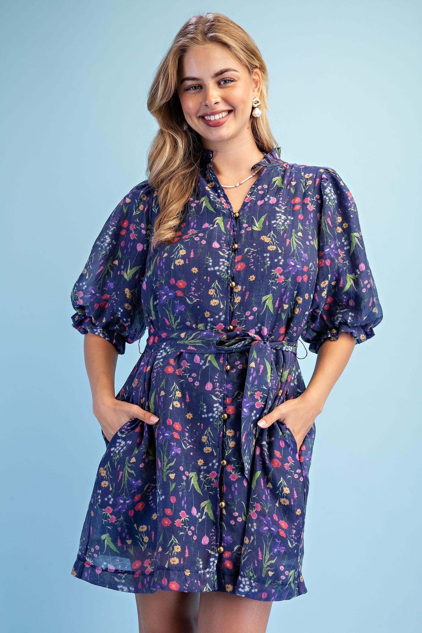 Navy Floral Mix Print Mini Dress