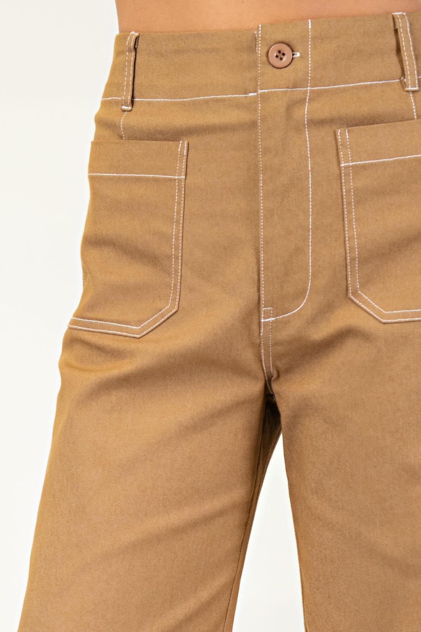 Khaki Cropped Wide Leg with Contrast Stitching