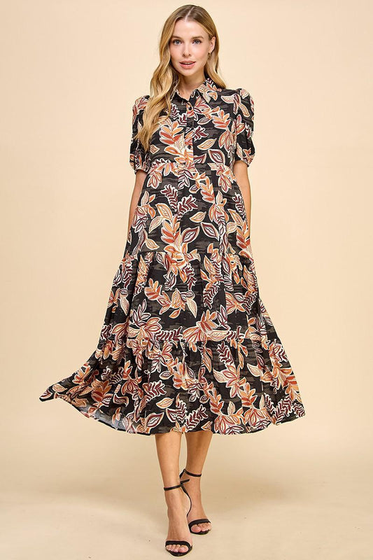 Black Leaf Print Collared Midi Shirt Dress