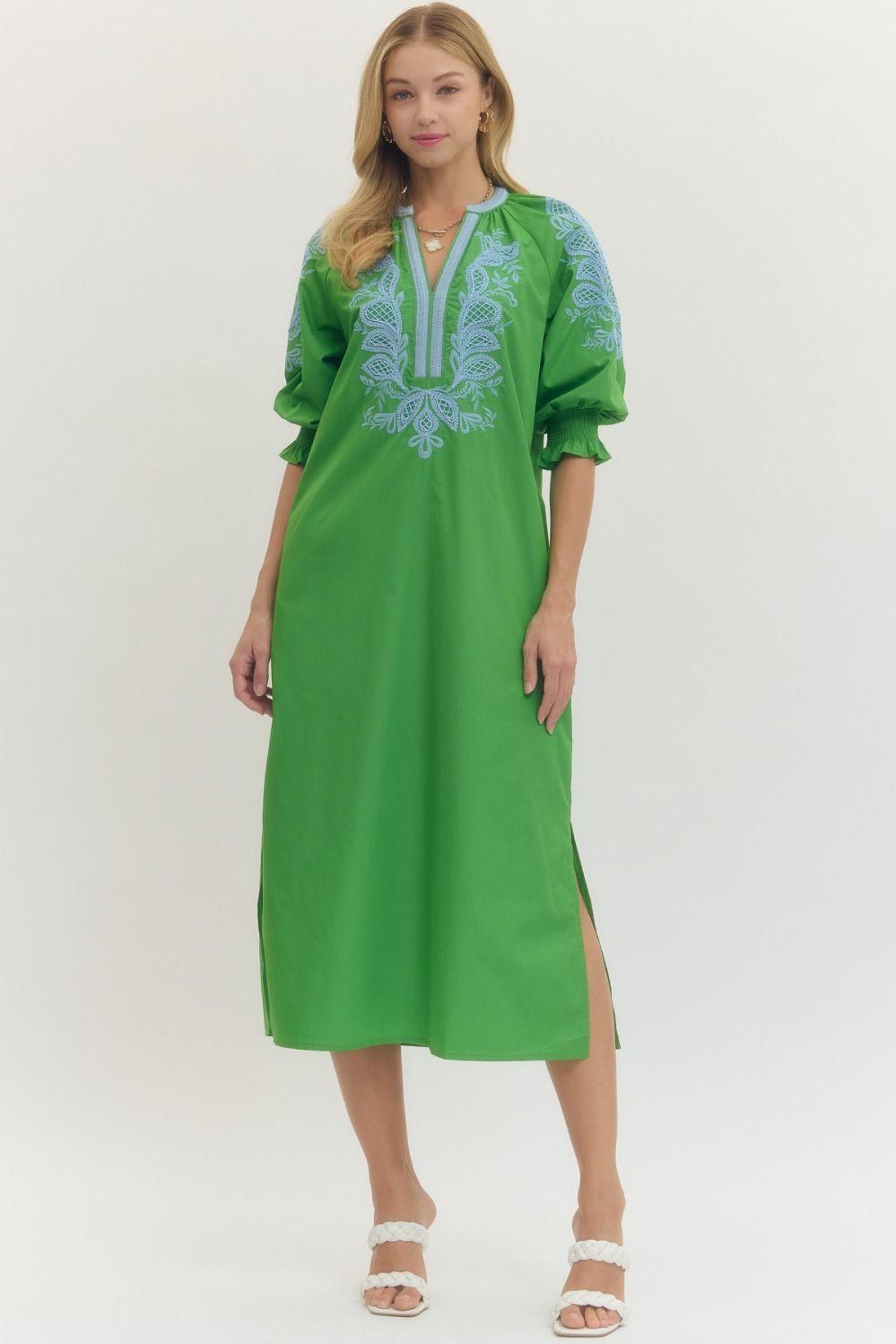 Green Embroidered Midi Dress