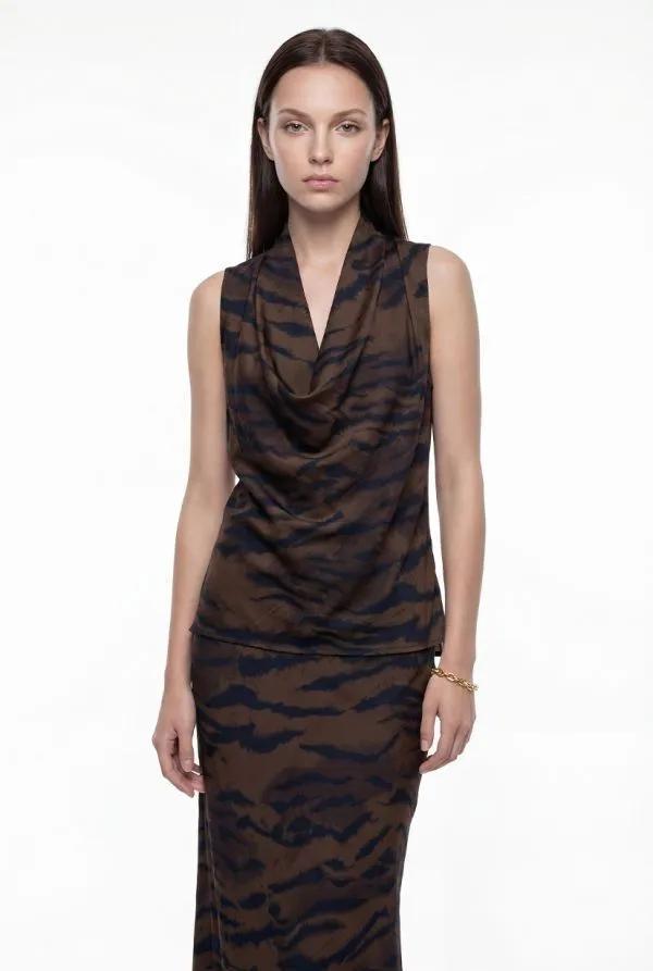 Brown and Taupe Animal Print Draped Top