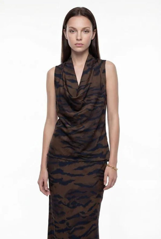Brown and Taupe Animal Print Draped Top