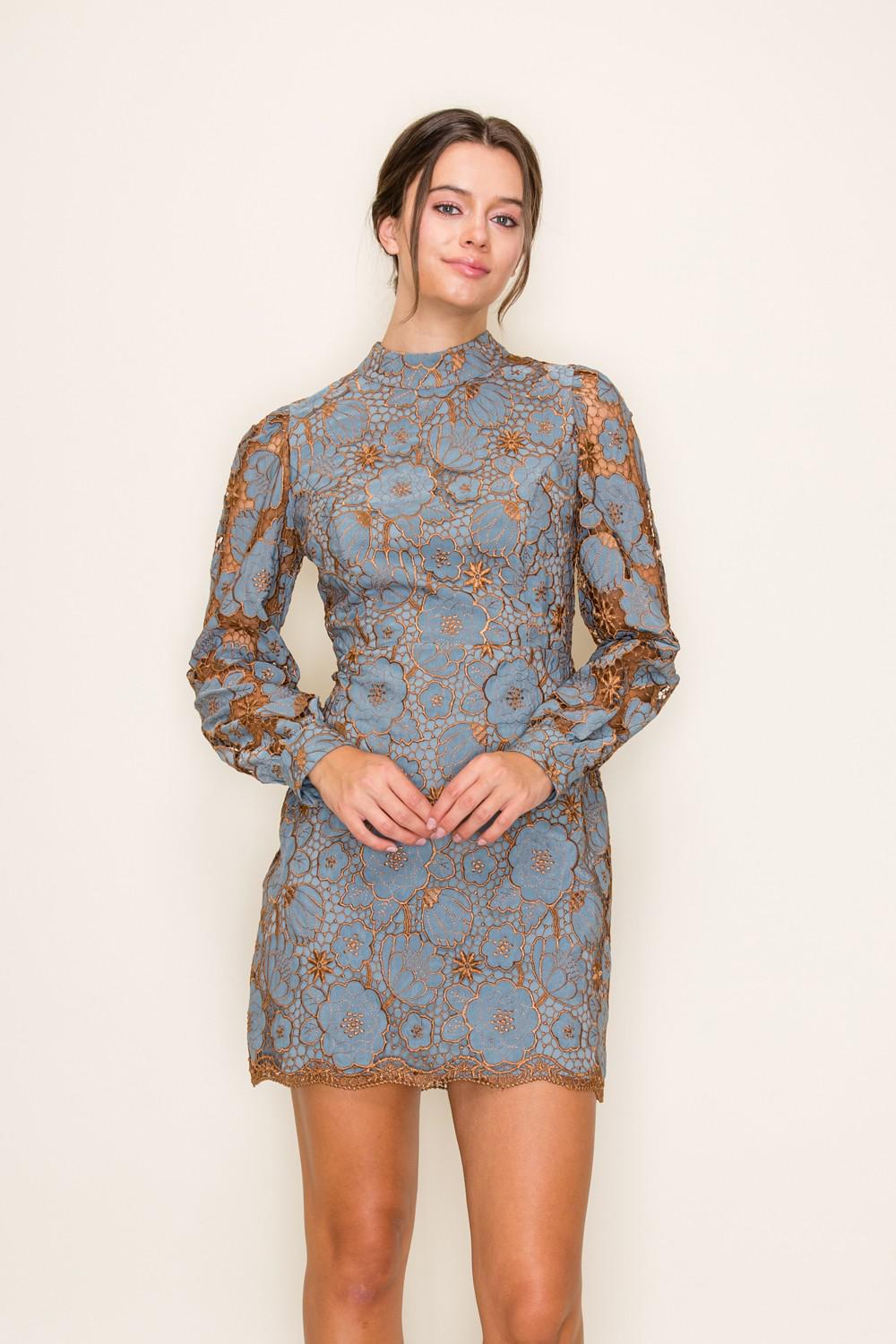 Dusty Blue and Bronze Embroidered Mini Dress
