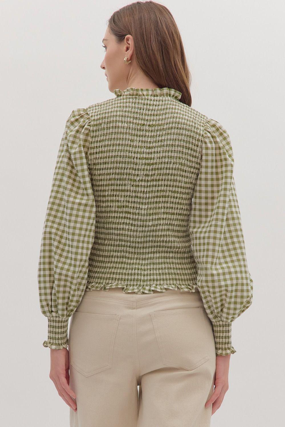 Olive and Cream Checked Smocked Top