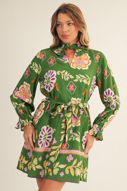 Olive Green Floral  Boho Dress