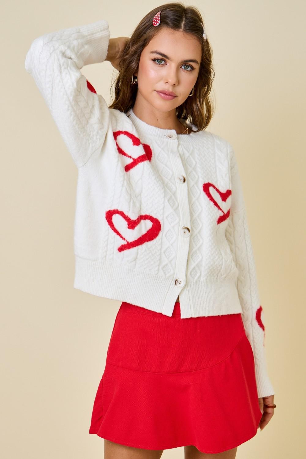 Off White and Red Valentine Heart Cardigan