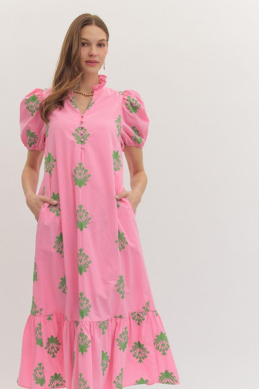 Pink Botanical Embroidered Midi Dress